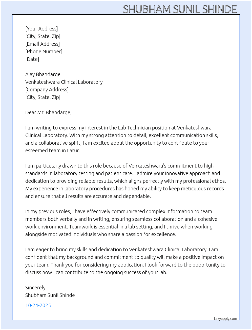 LAB TECHNICIAN  At VENKATESHWARA CLINICAL LABORATORY  Cover Letter