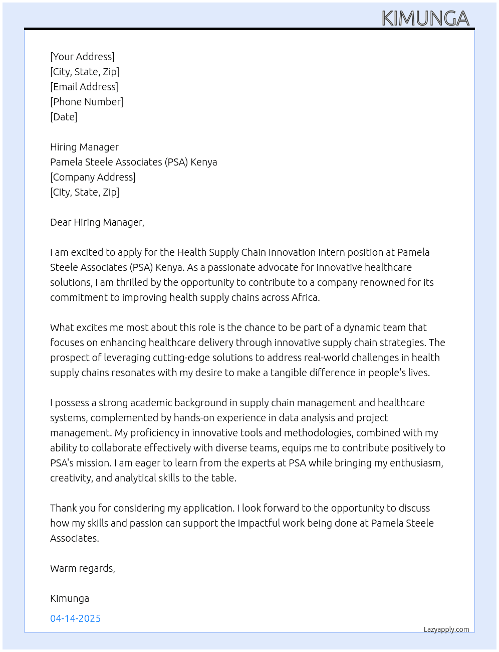 Cover letter for health supply chain innovation intern - LazyApply