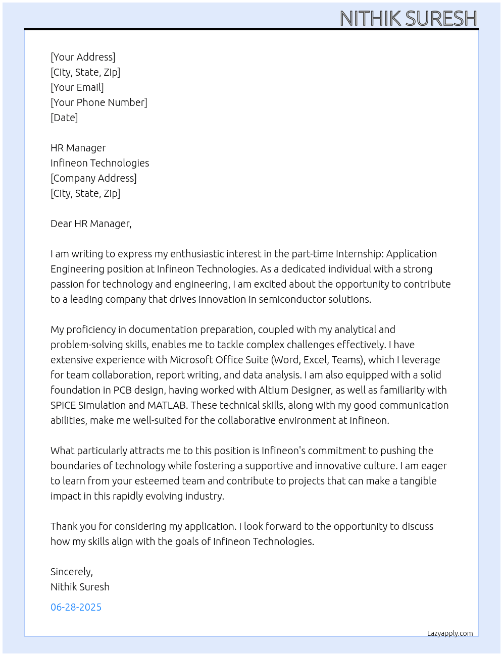 Internship: Application Engineering At Infineon Technologies Cover Letter