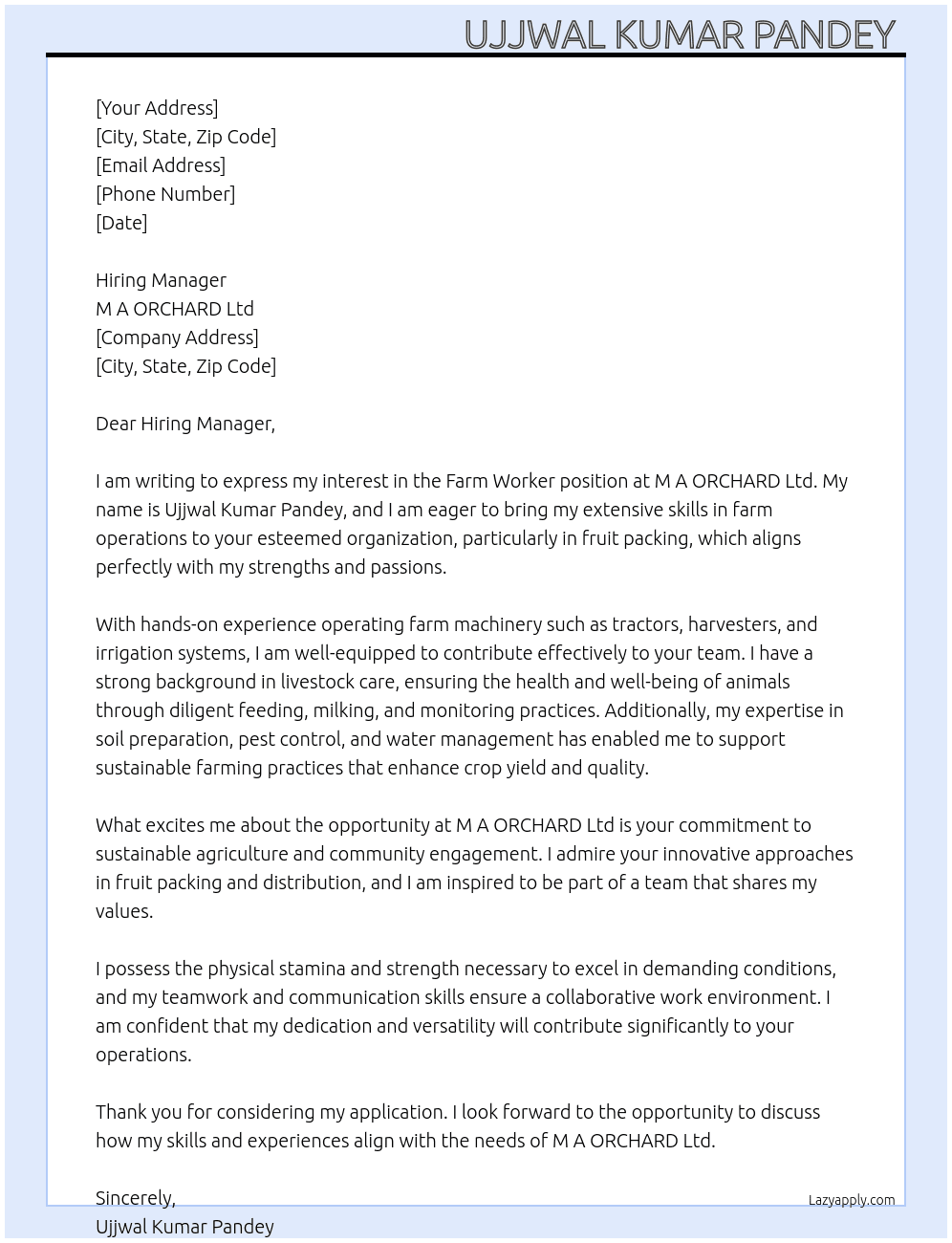 Farm worker  At M A ORCHARD Ltd Cover Letter
