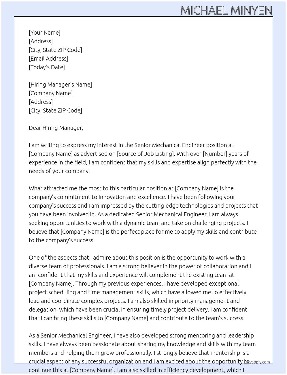 Senior Mechanical Engineer At Company Cover Letter