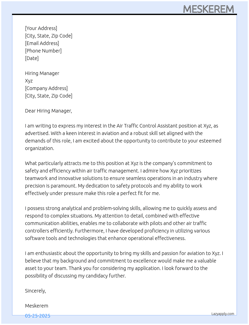 Cover letter for air traffic control assistant - LazyApply