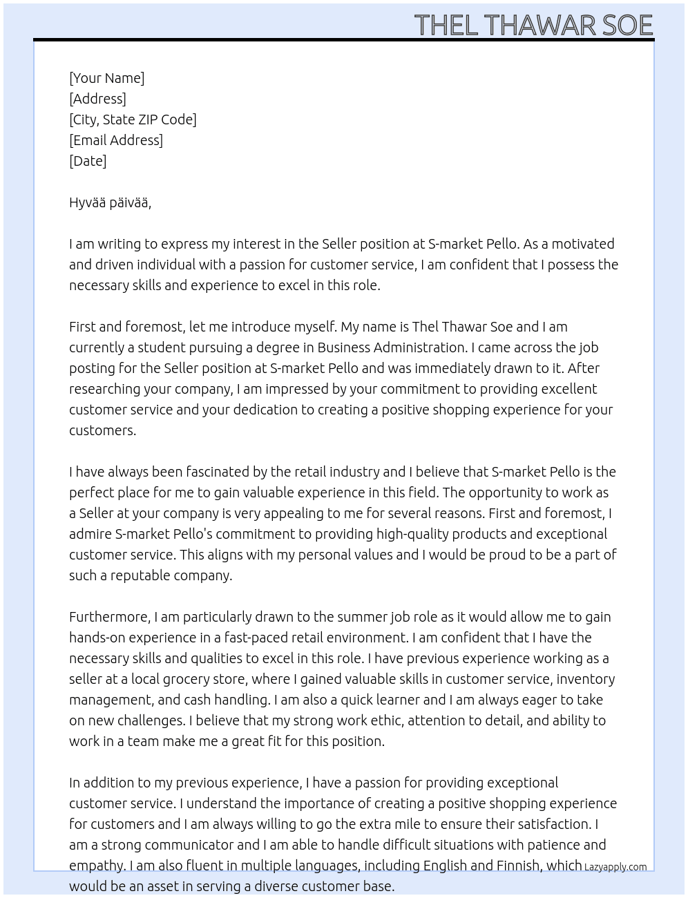 seller At S-market Pello Cover Letter