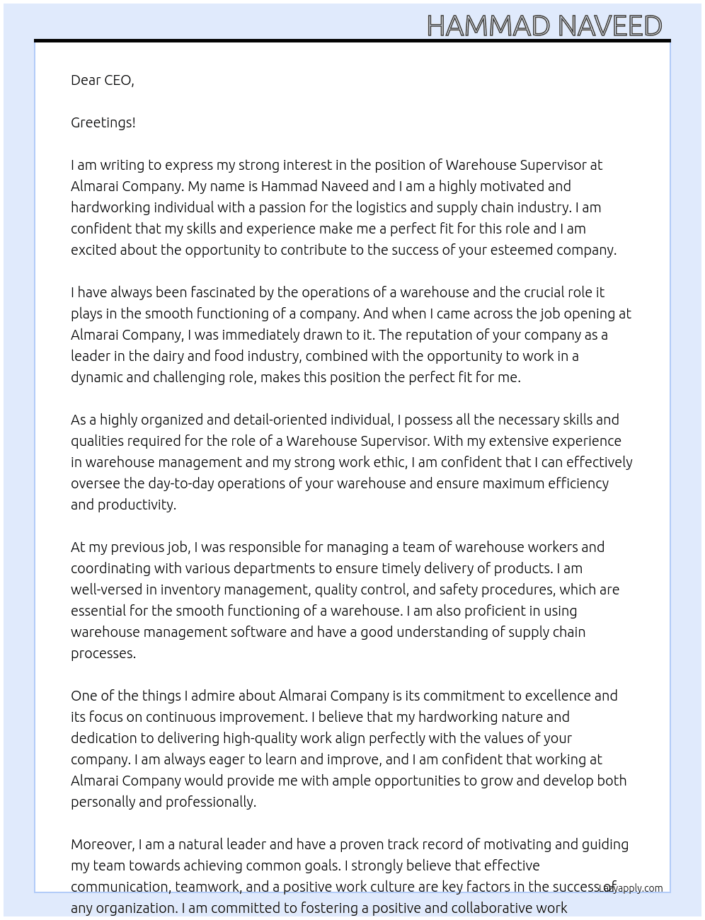Where house supervisor  At Almarai Company  Cover Letter