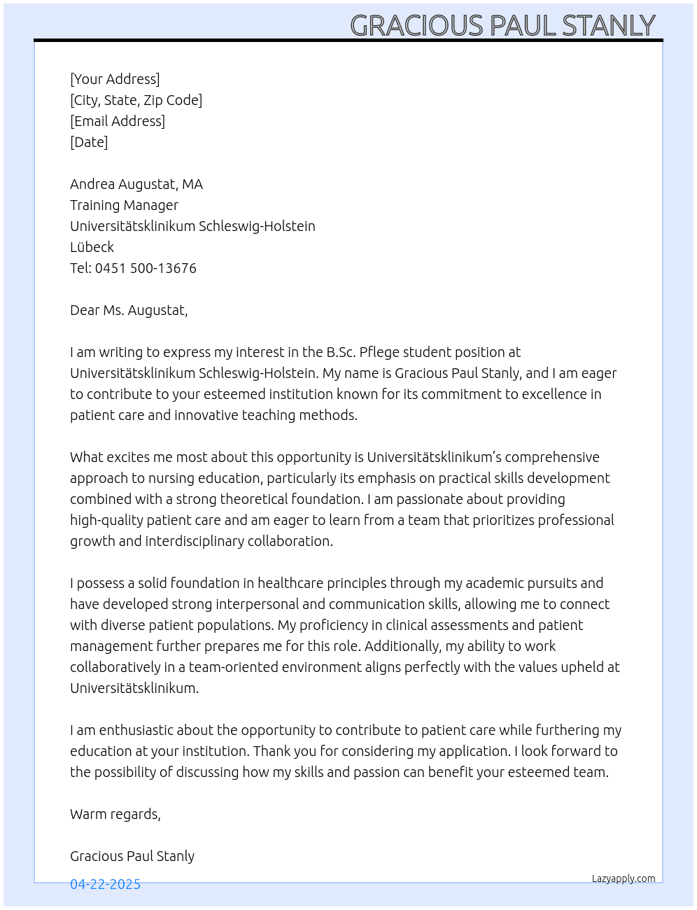 Cover letter for as a student for b.sc. pflege - LazyApply