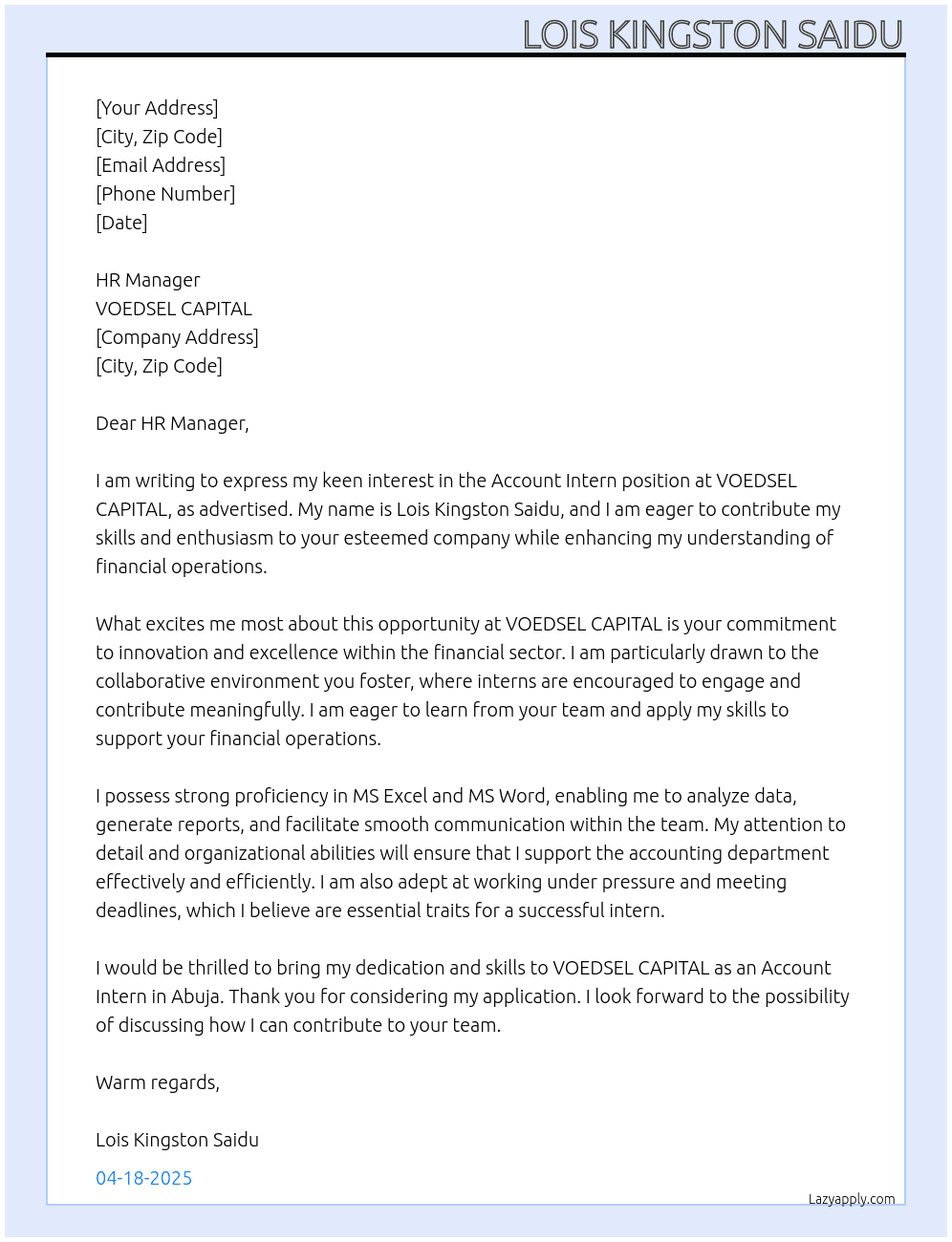 Cover letter for account intern - LazyApply