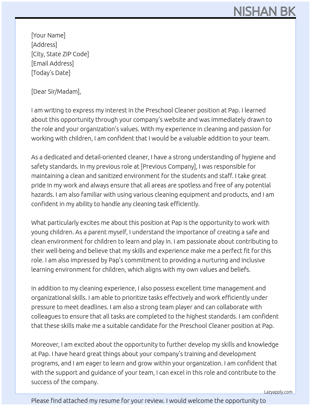 preschool cleaner At pap  Cover Letter
