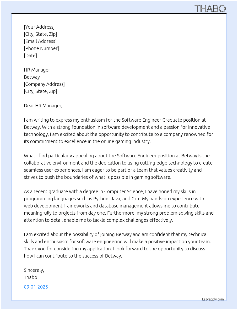 Cover letter for software engineer graduate - LazyApply