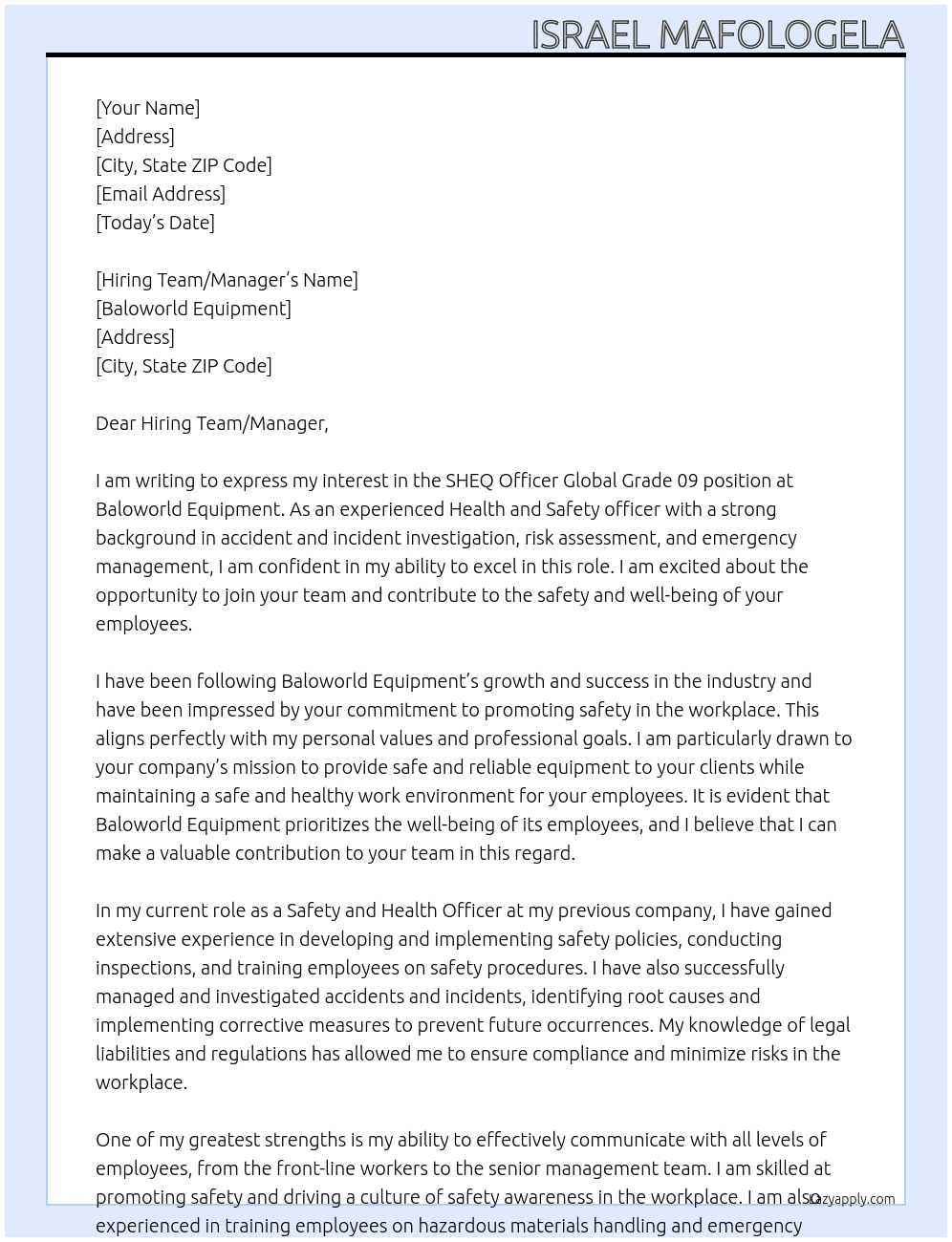 Cover letter for sheq officer global grade 09 - LazyApply