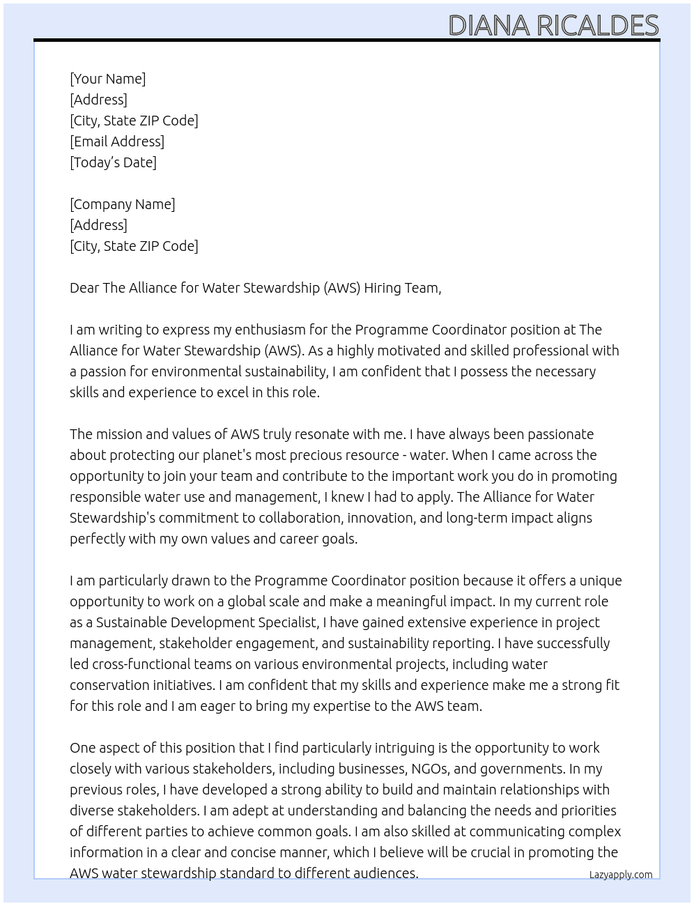 PROGRAMME COORDINATOR At ALLIANCE FOR WATER STEWARDSHIP Cover Letter