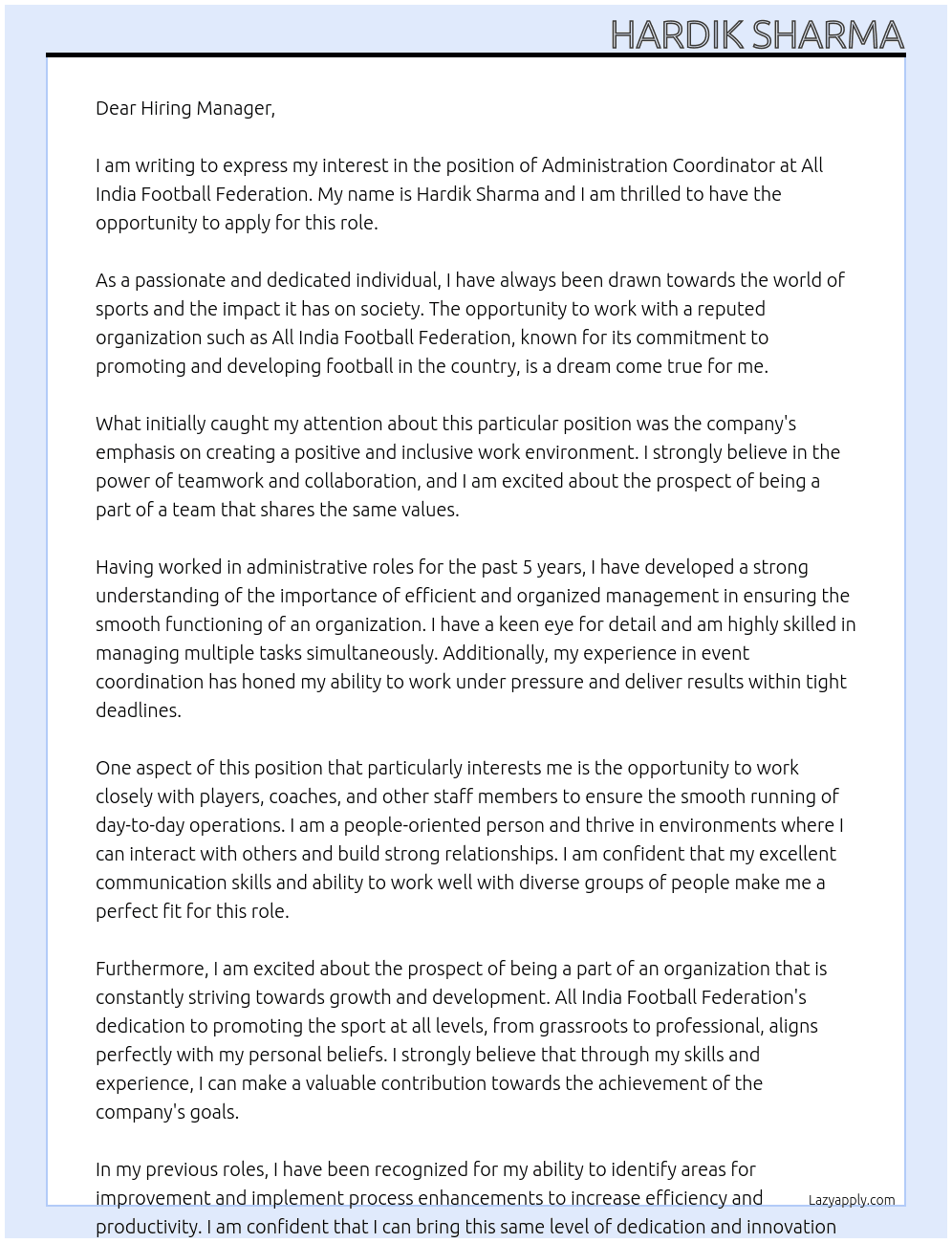 administration coordinator At All India Football Federation Cover Letter