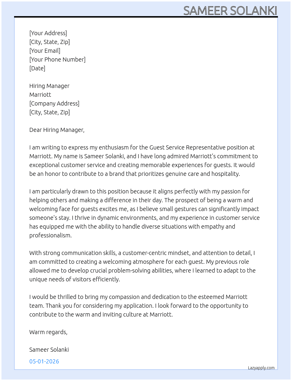 Guest Service Representative At Marriott  Cover Letter