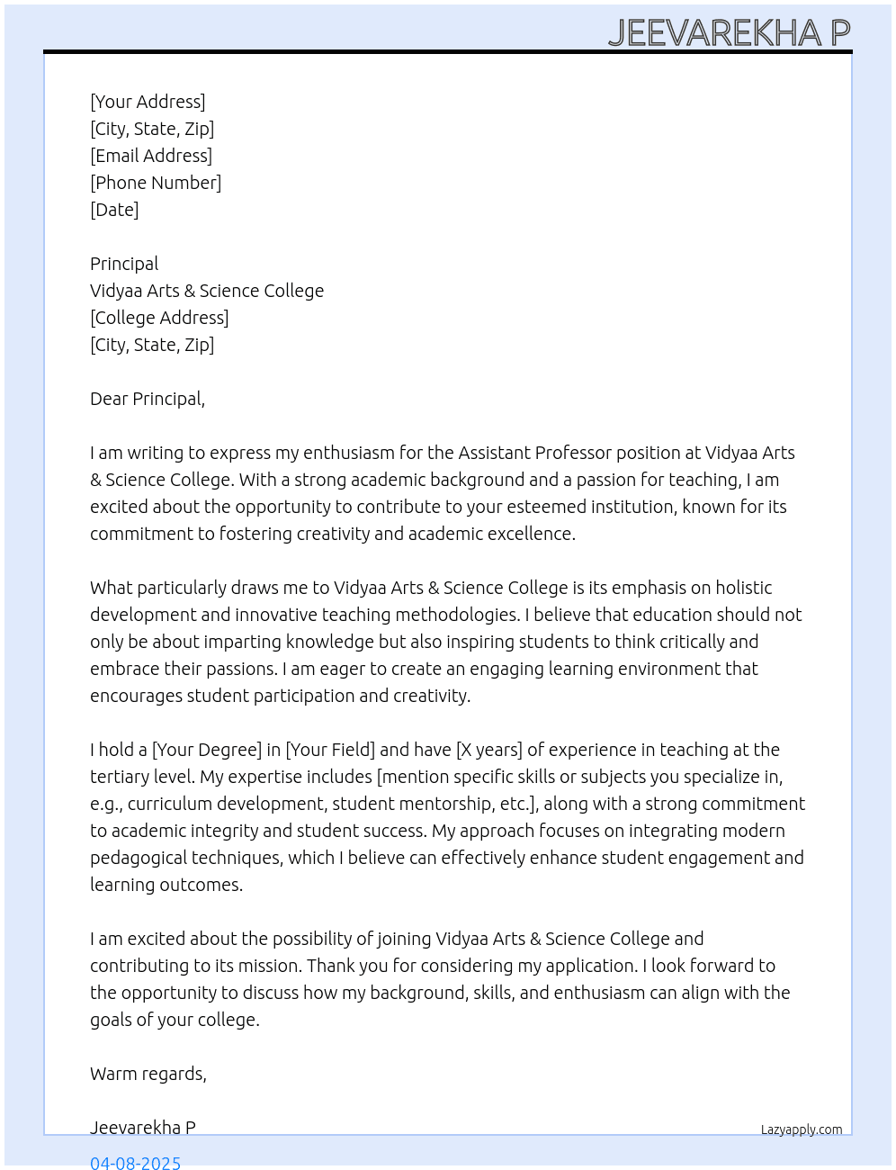 assistant professor At Vidyaa Arts & Science College Cover Letter