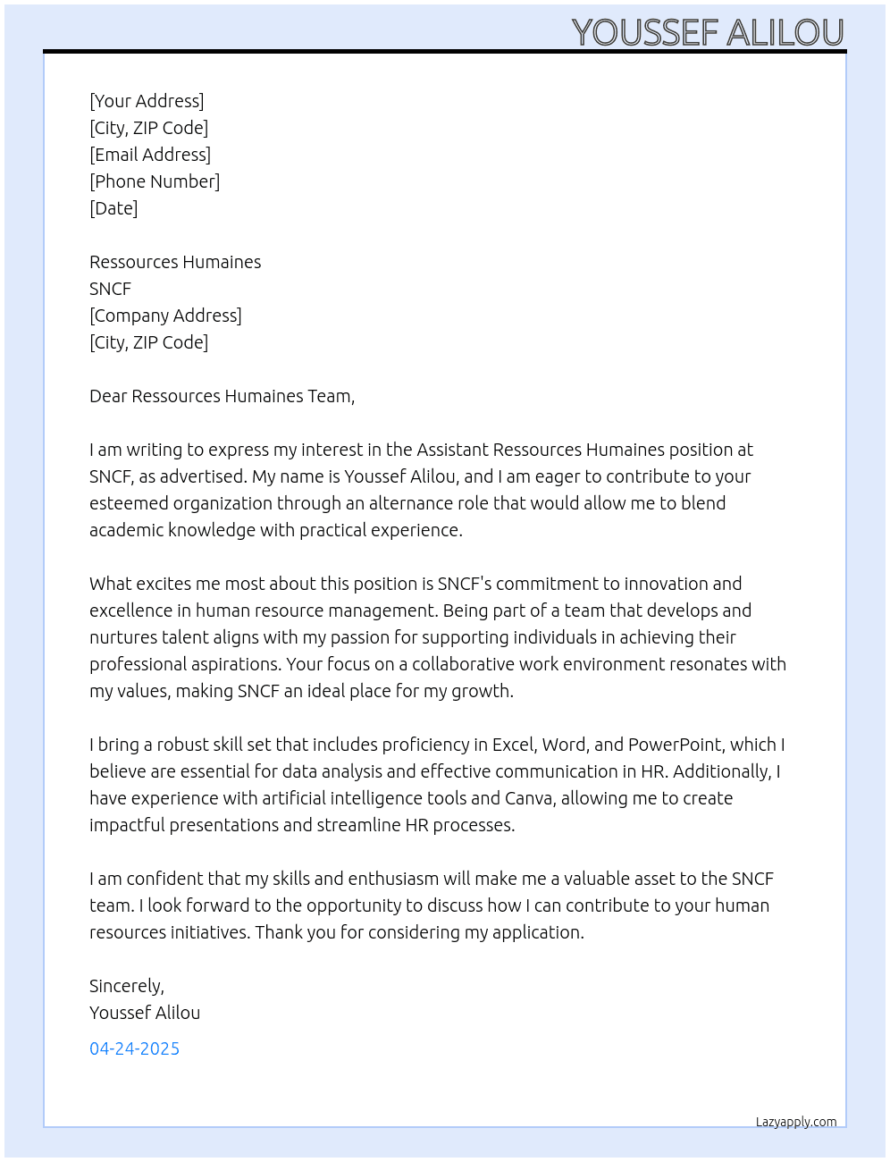 assistant ressources humaines At sncf Cover Letter