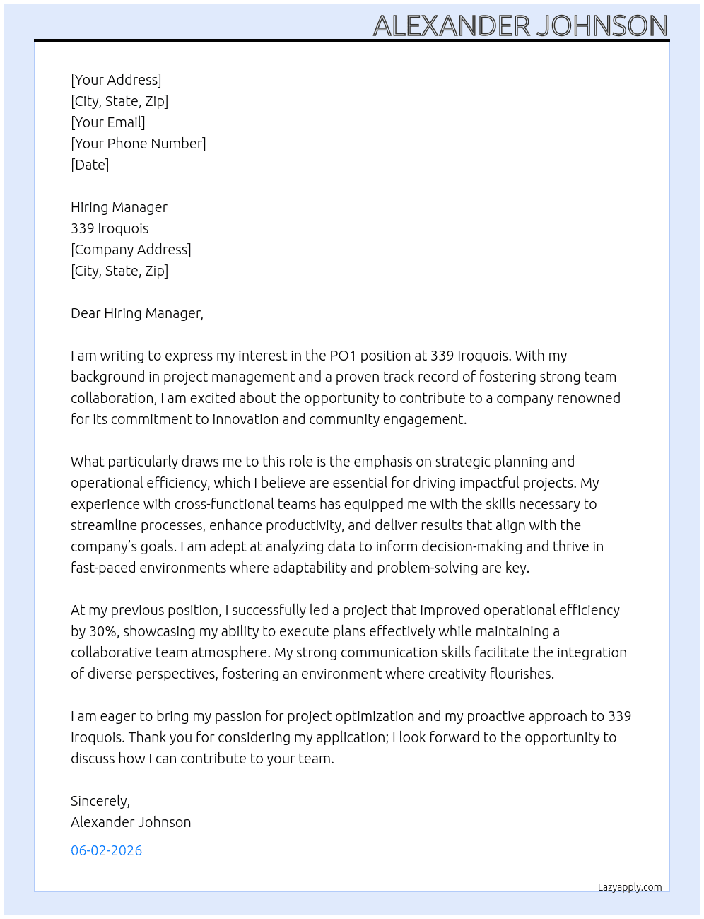 PO1 At 339 Iroquois Cover Letter