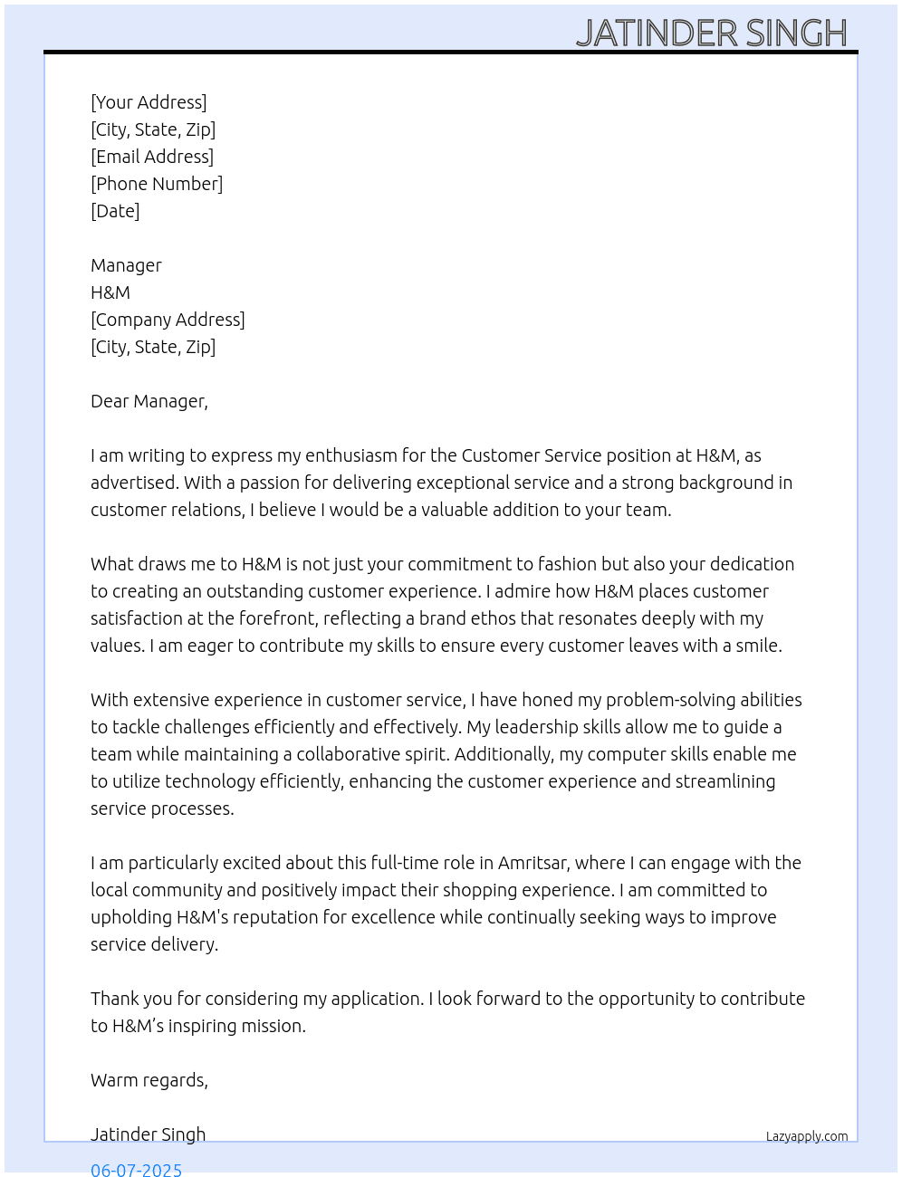 customar service At h&m Cover Letter