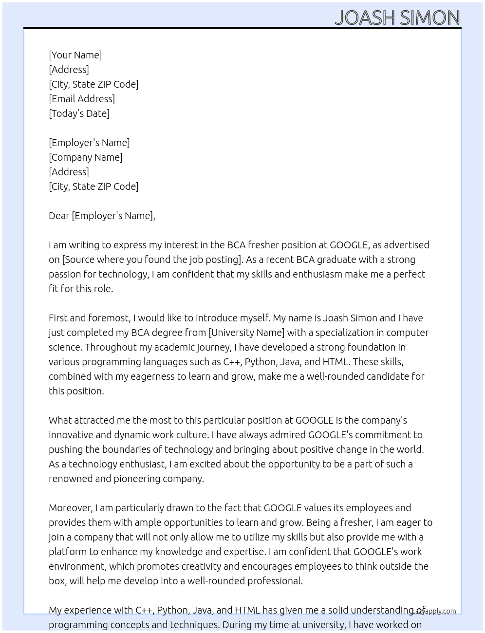 Cover letter for bca fresher - LazyApply