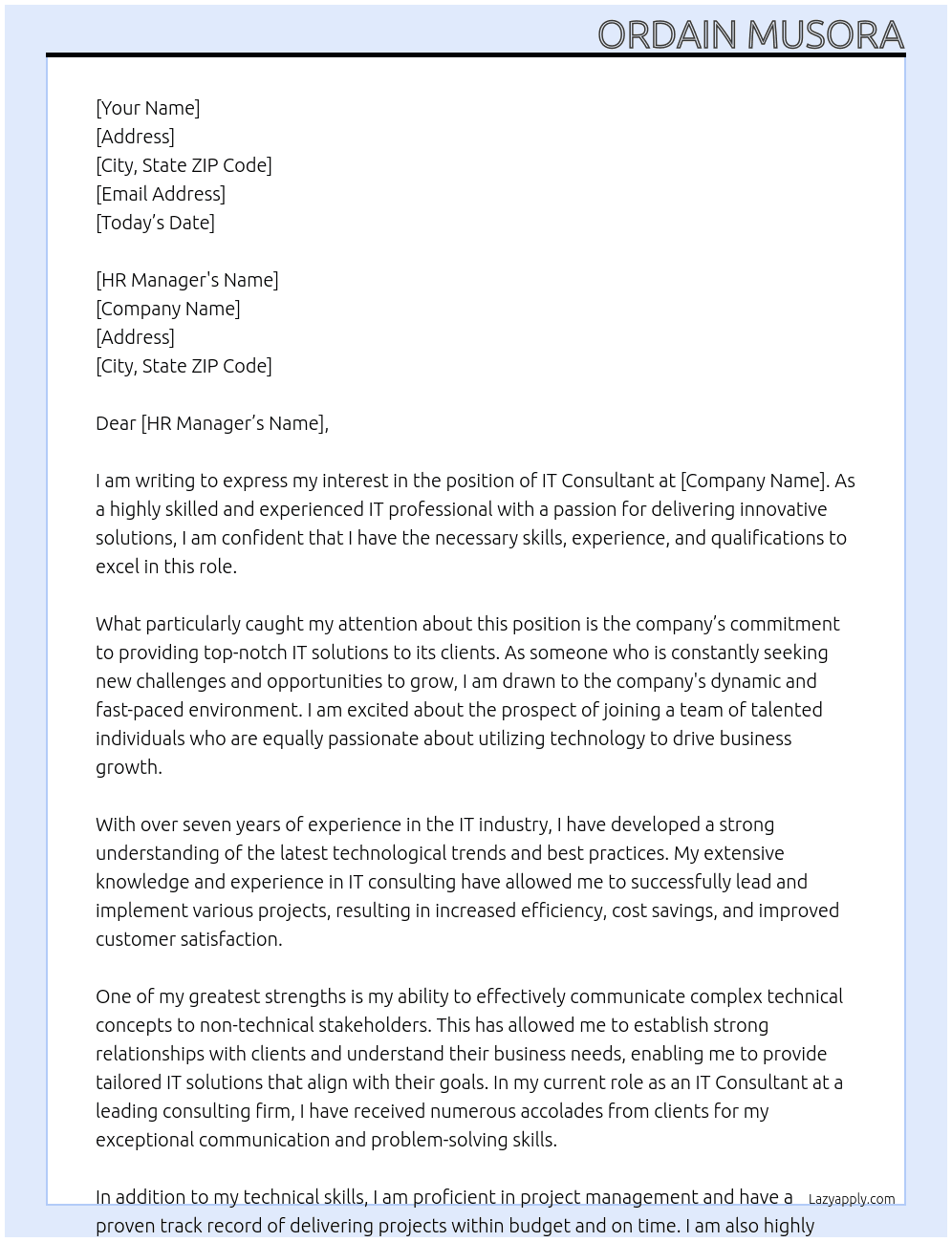 IT Consultant At N/A Cover Letter
