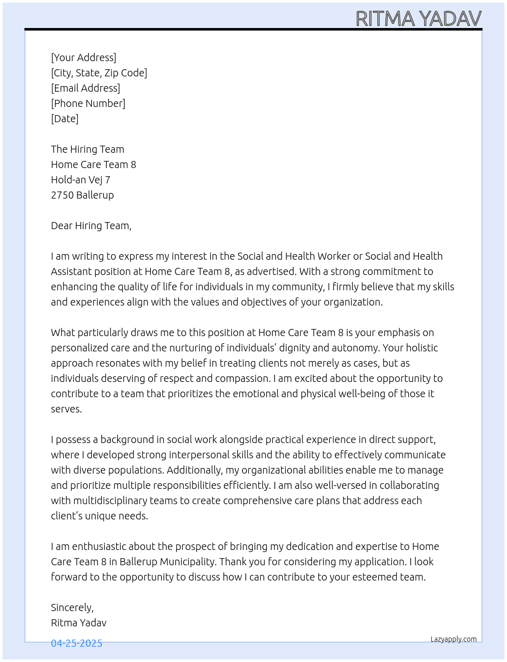 Social and health worker or social and health assistant At Home care Team 8 Cover Letter
