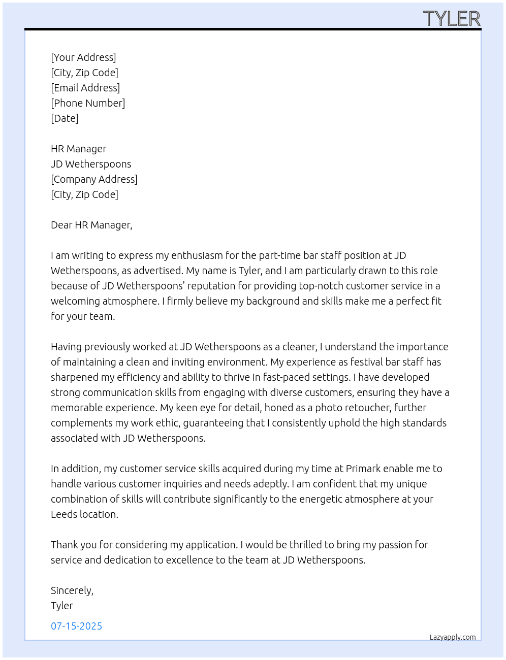 bar staff  At JD Wetherspoons Cover Letter