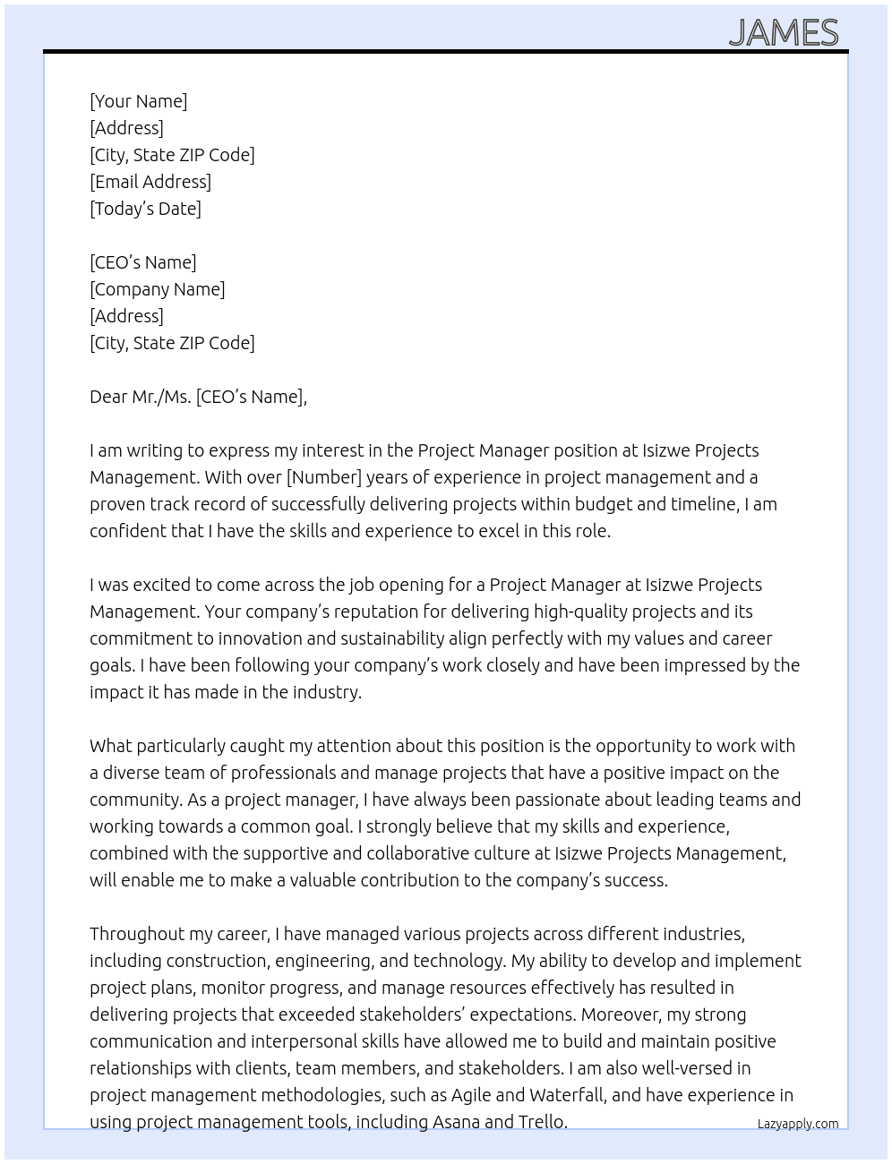 Project manager  At Isizwe Projects Management  Cover Letter