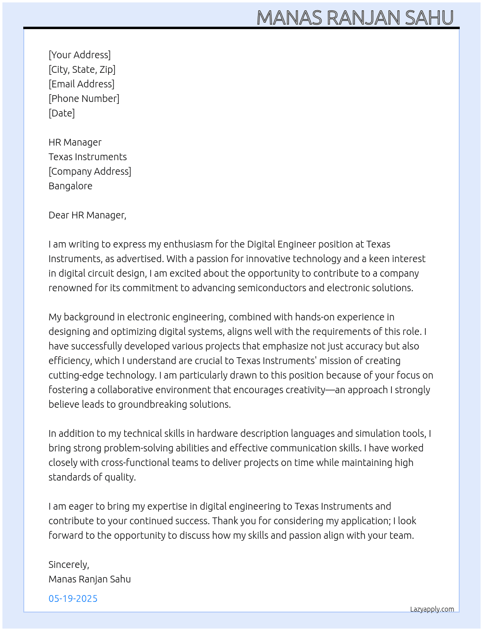 Digital Engineer At Texa Instrument  Cover Letter