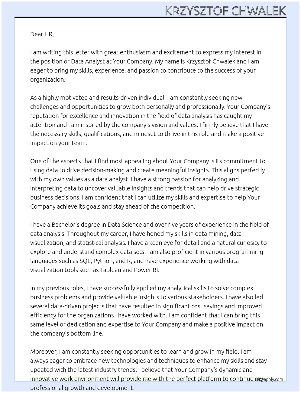 Cover letter for data analist - LazyApply