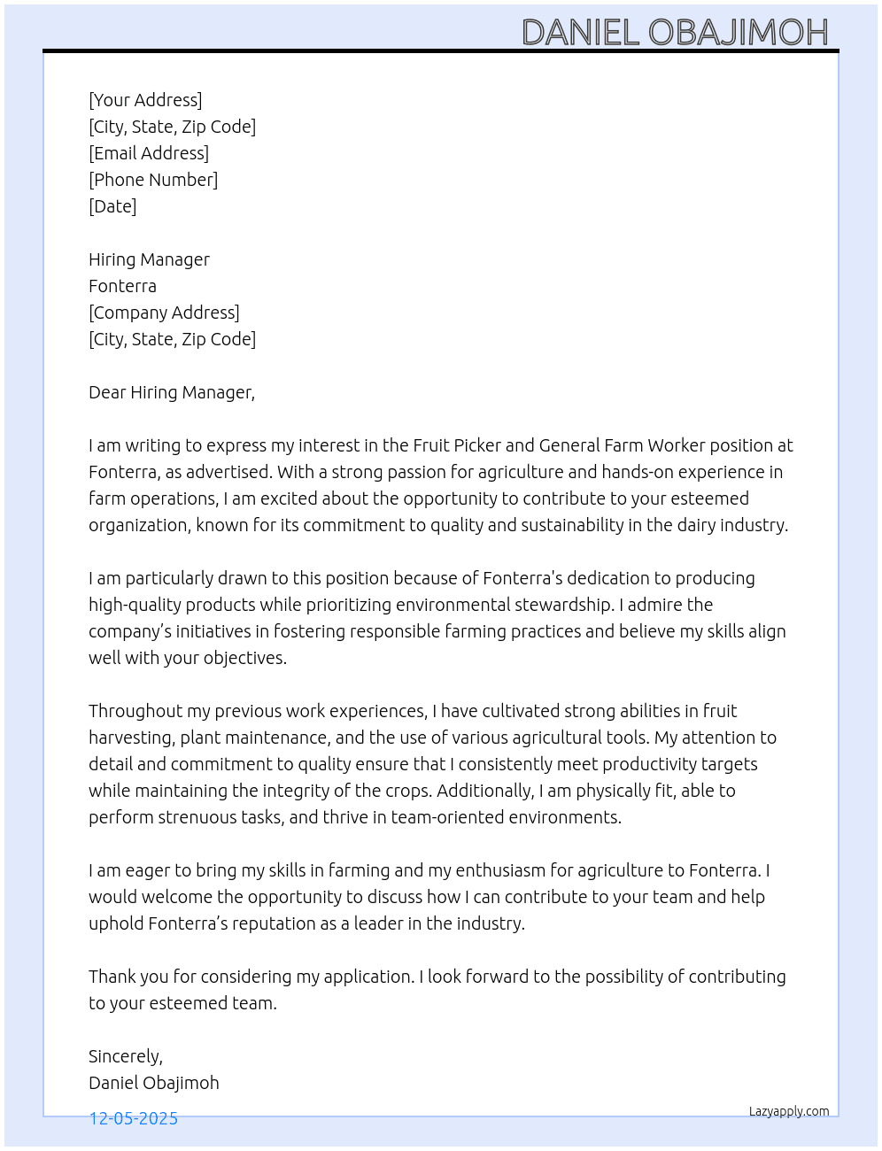 Fruit Picker and general farm worker At Fonterra Cover Letter