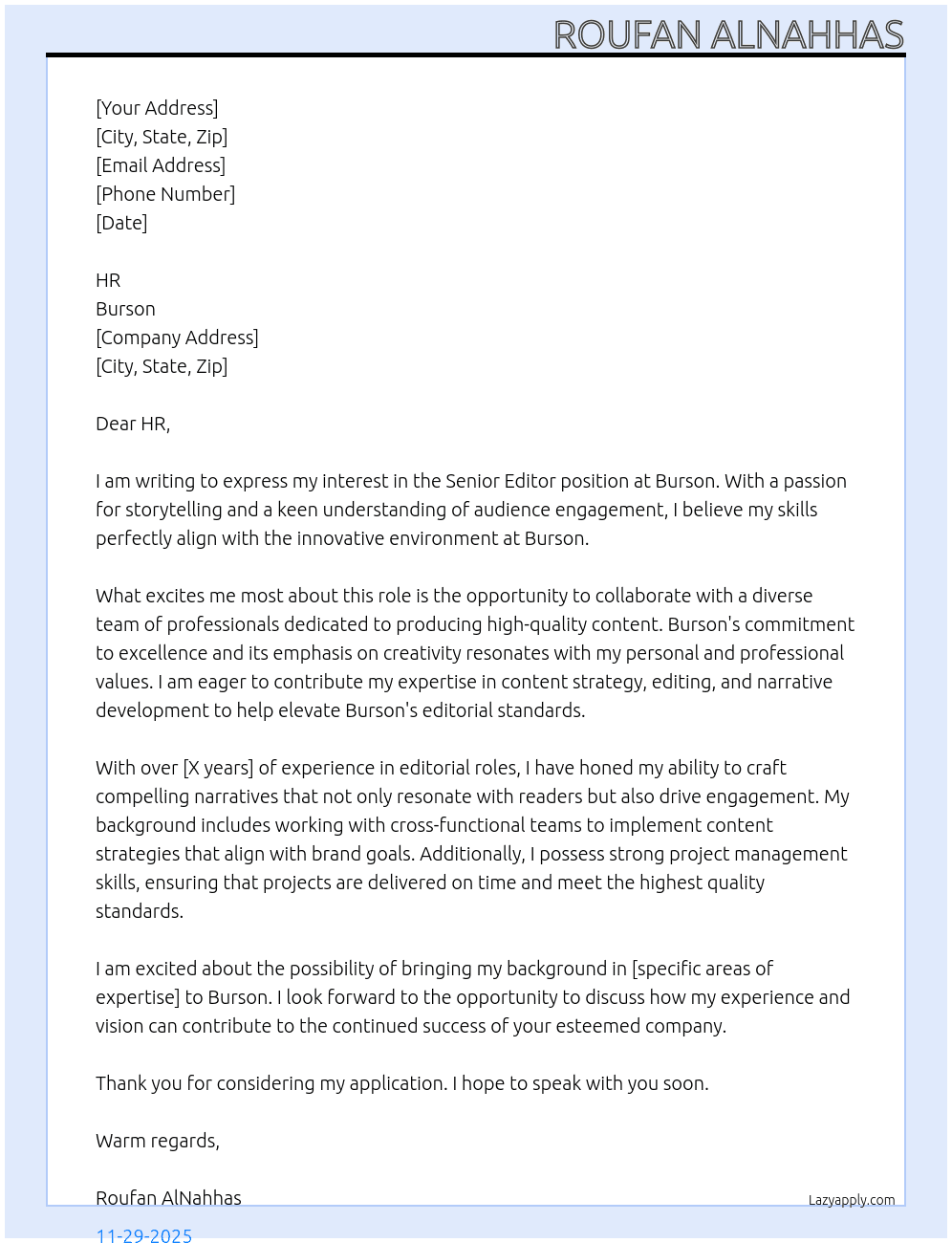 senior editor At Burson Cover Letter
