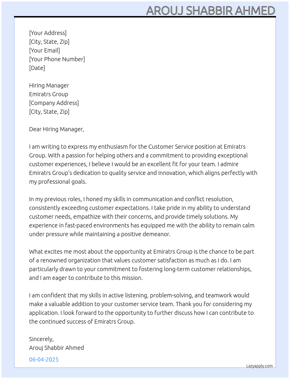 Customer service At Emiratrs group Cover Letter