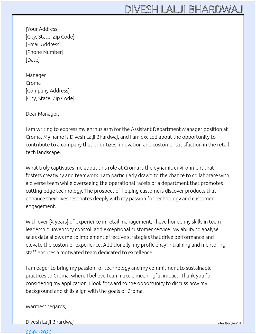 Cover letter for assistant department manager - LazyApply