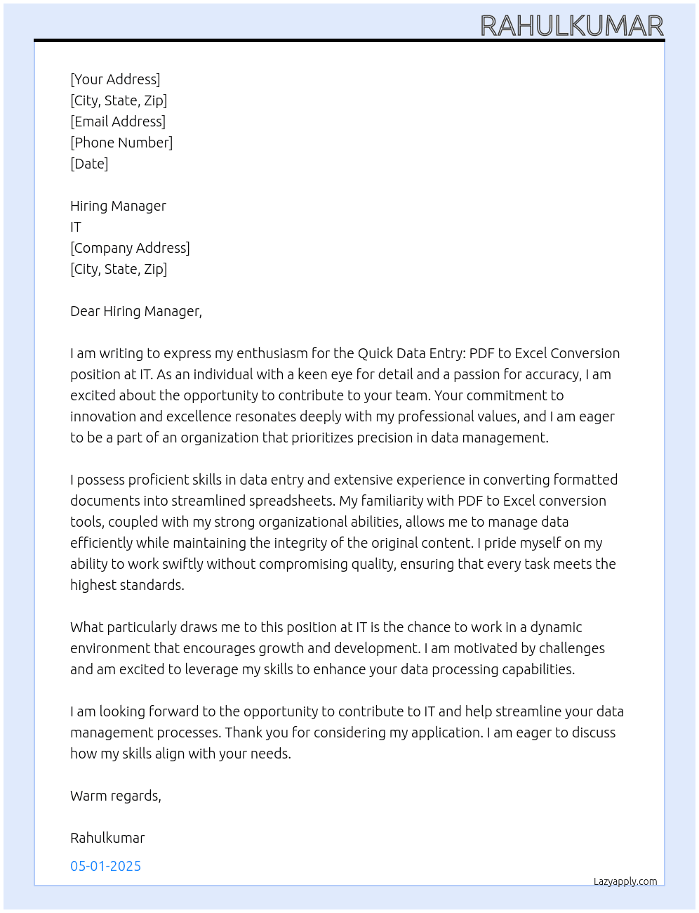 Cover letter for quick data entry: pdf to excel conversion - LazyApply