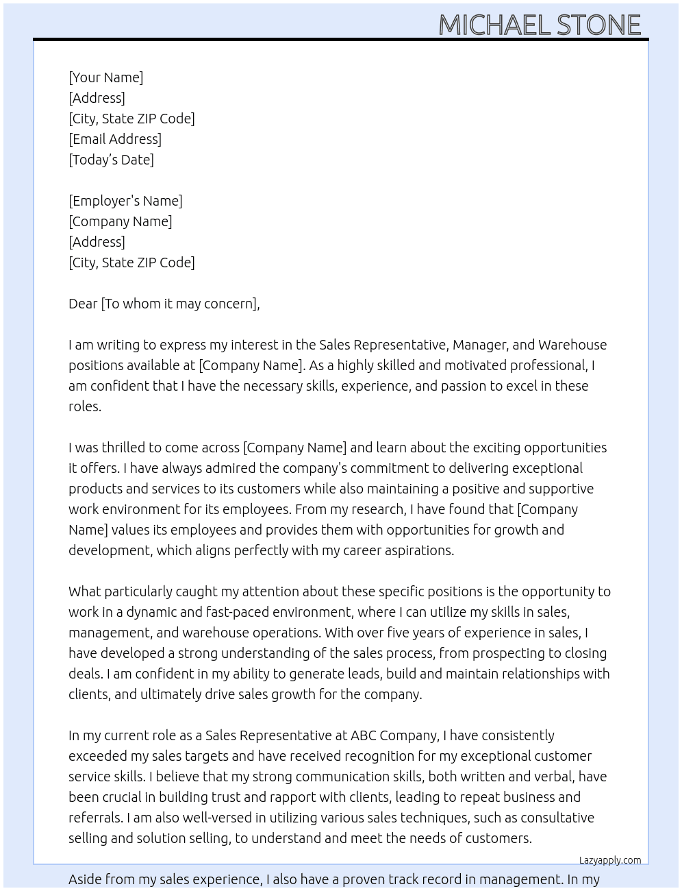 Sales Representative, manager, Wharehouse  At Postions  Cover Letter