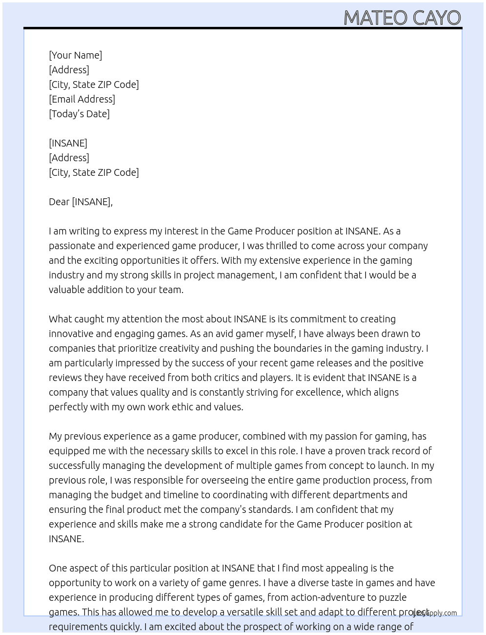 Game Producer At INSANE Cover Letter