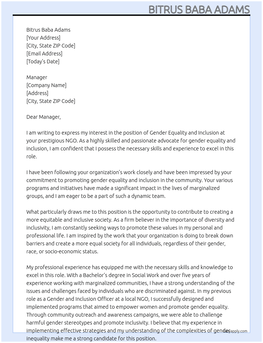 Genger Equality and Inclusion  At NGO Cover Letter