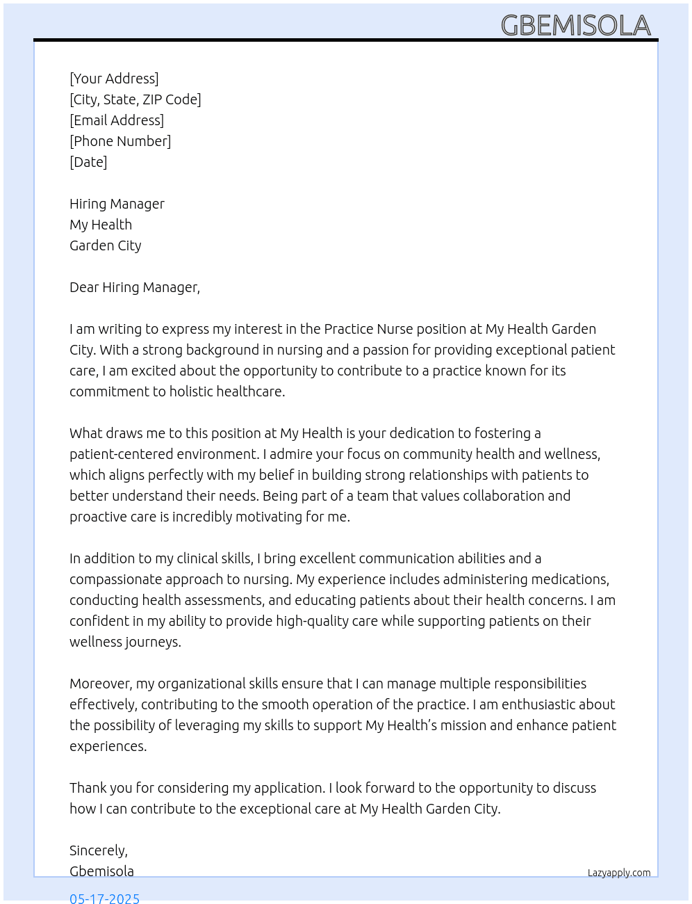 Practice Nurse  At My Health Cover Letter