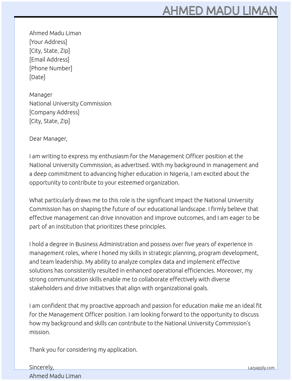 Management officer At National university commission  Cover Letter