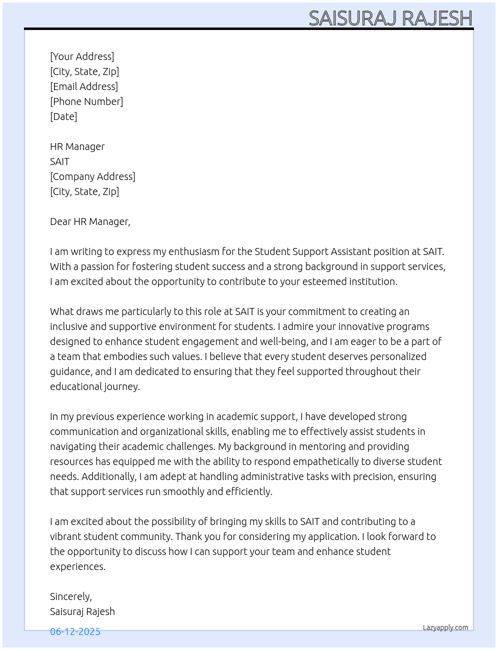 Cover letter for student support assistant - LazyApply