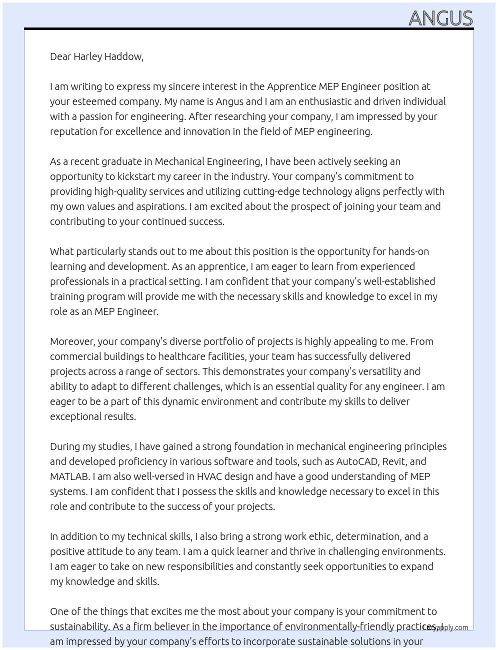 Cover letter for apprentice mep engineer - LazyApply