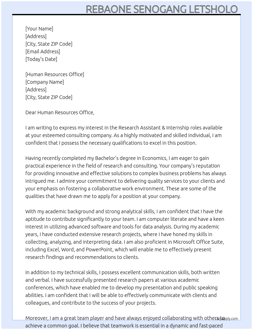 Research Assistant &Interns At Consulting company Cover Letter