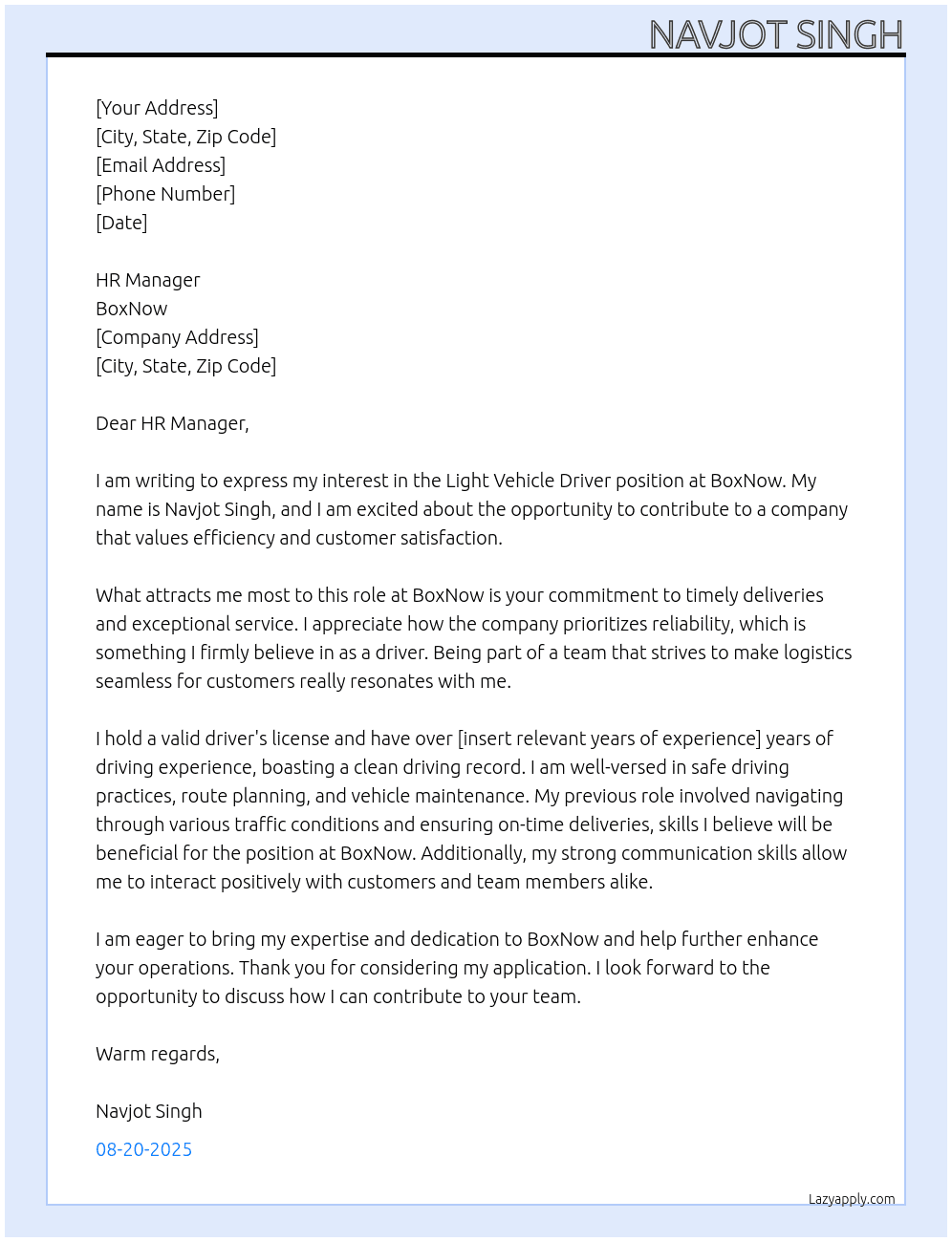 LIGHT VEHICLE DRIVER At BOXNOW Cover Letter
