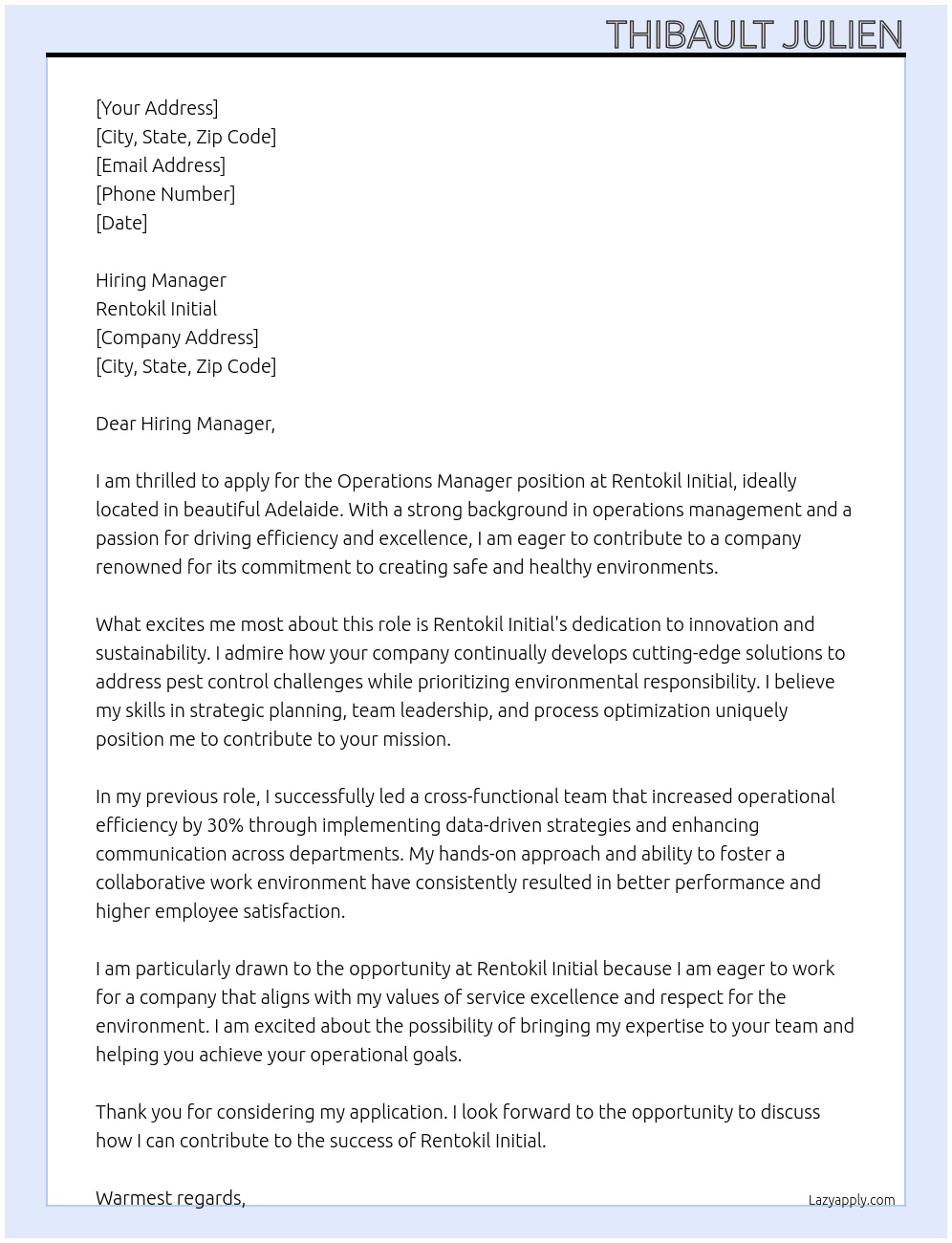 Operations Manager At Rentokil Initial Cover Letter