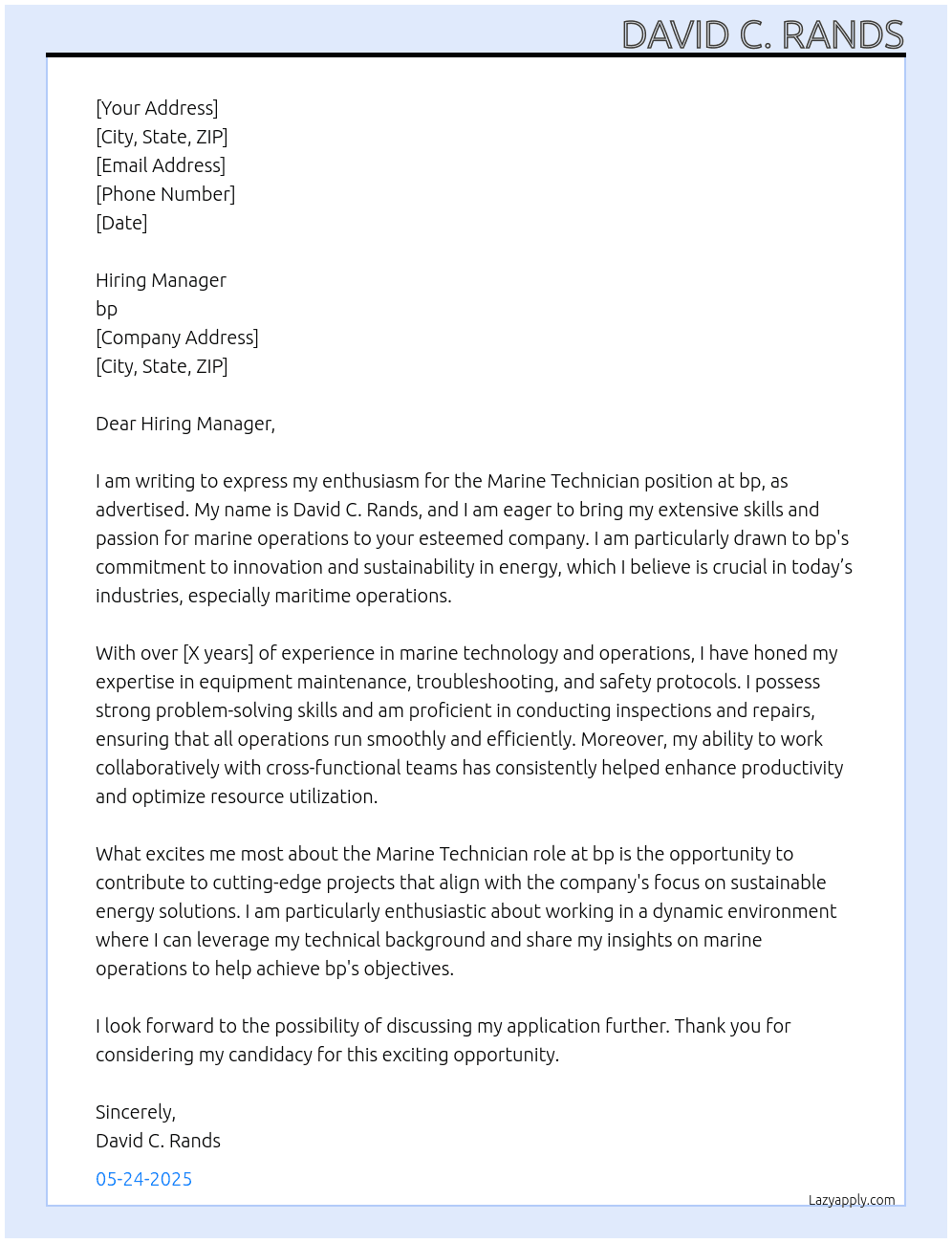 Cover letter for marine technician - LazyApply