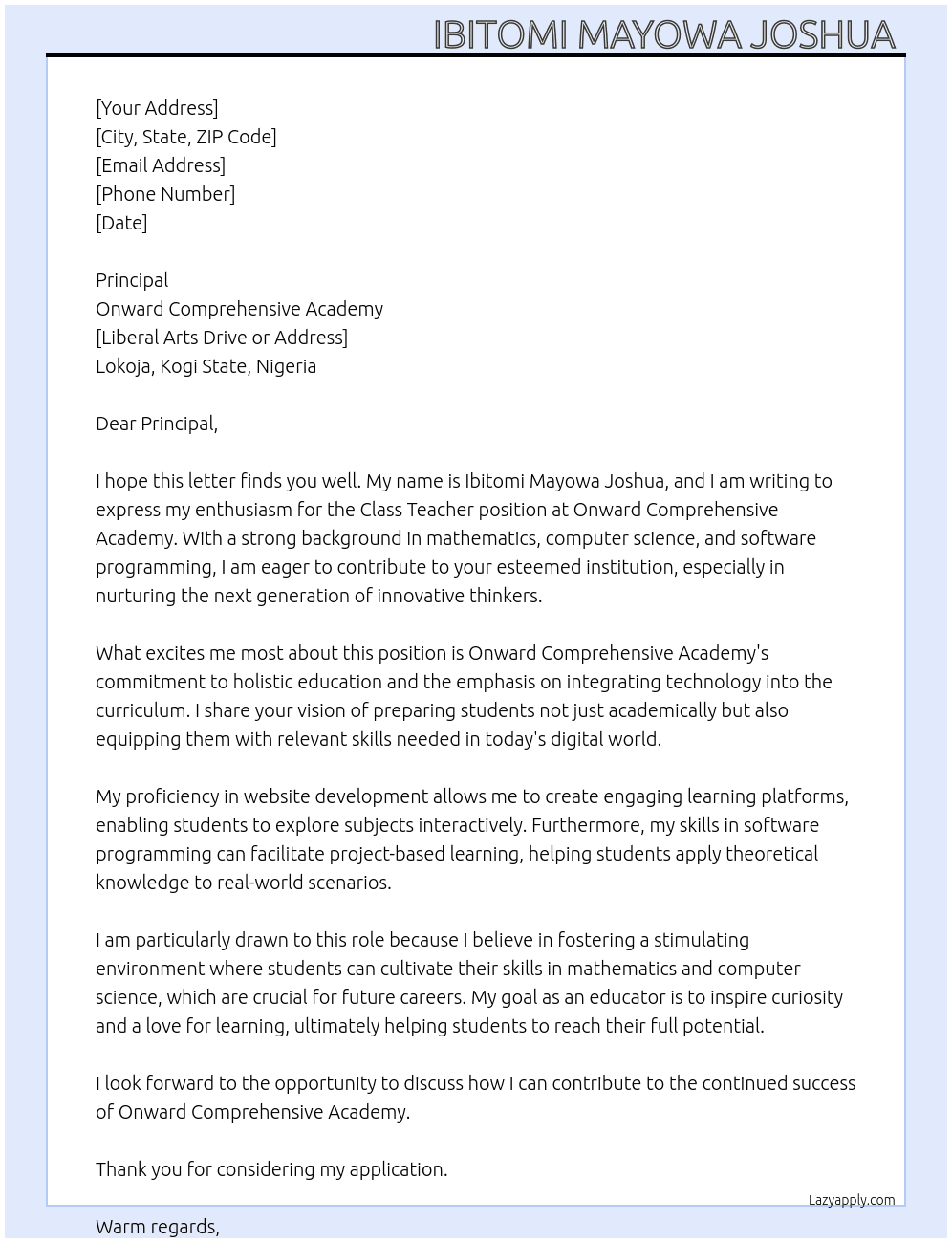 Cover letter for class teacher - LazyApply