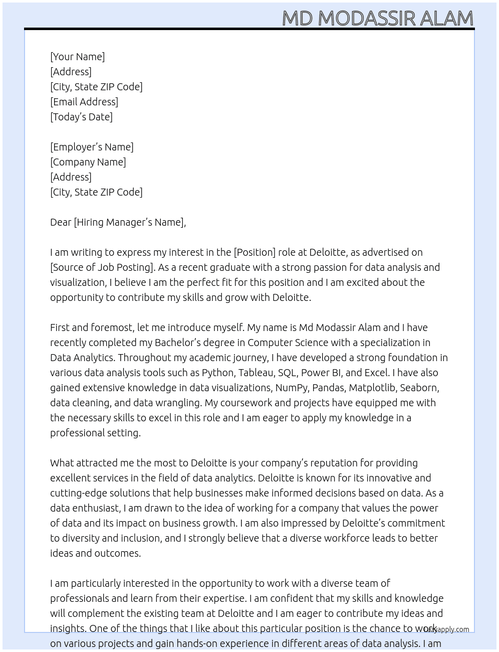 Fresher At Deloitte Cover Letter