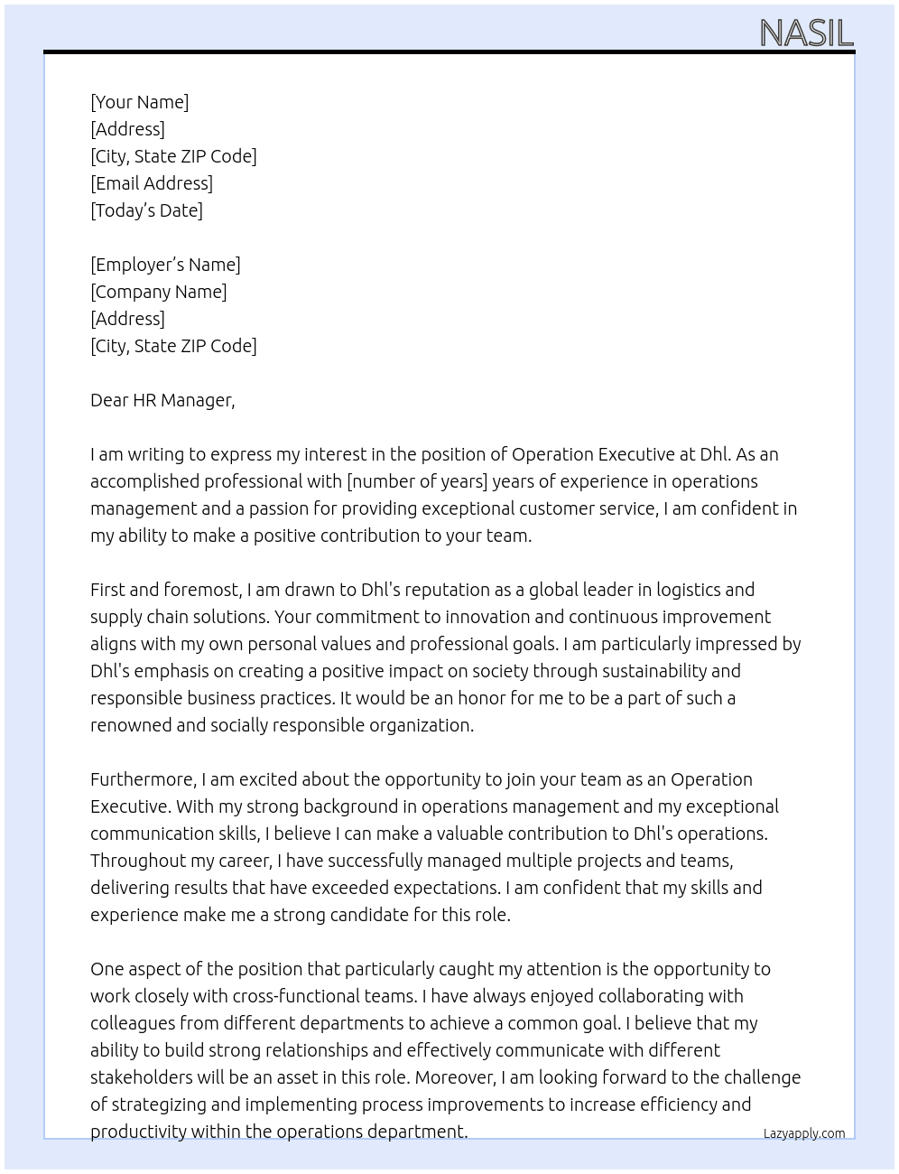 Operation executive  At Dhl Cover Letter