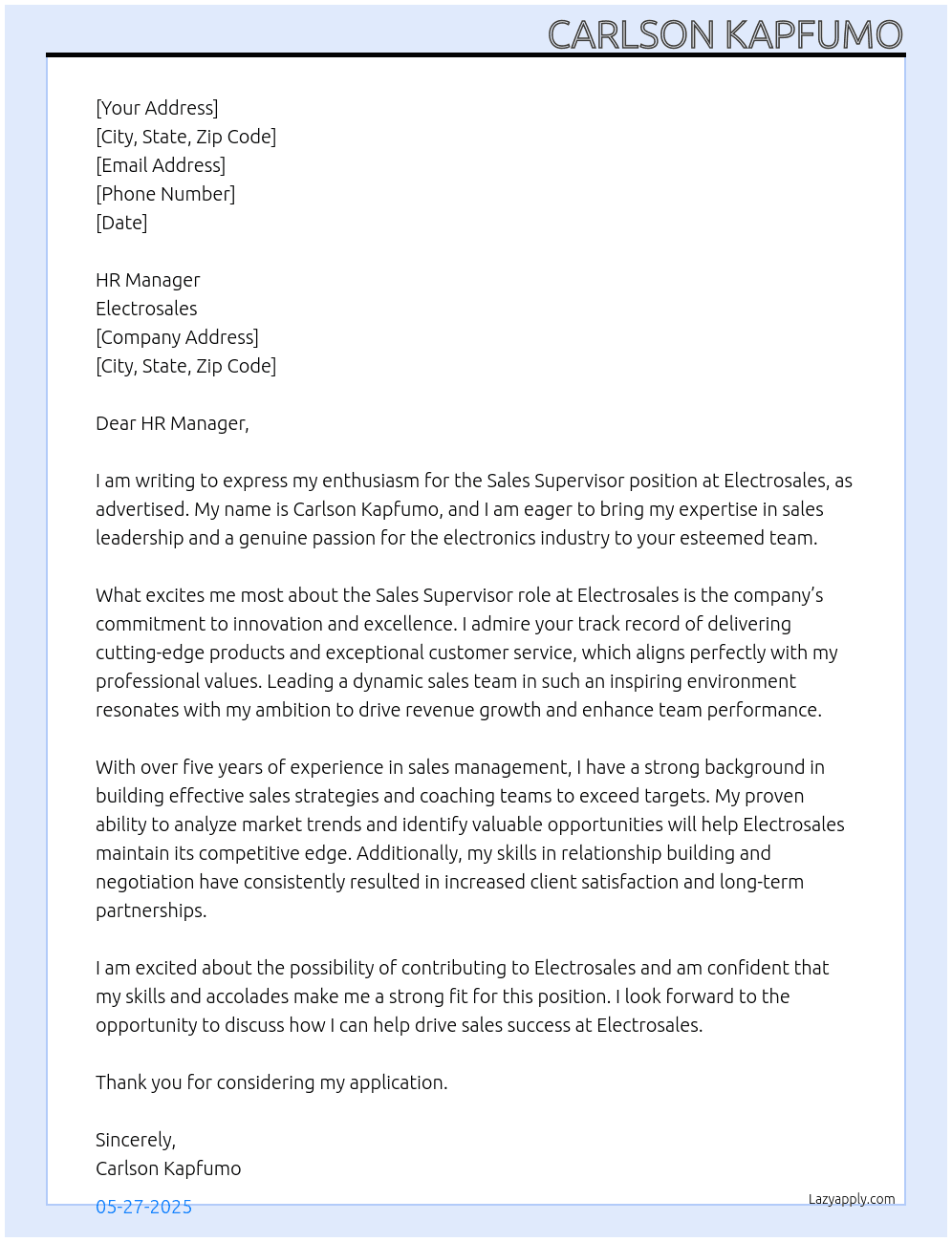 SALES SUPERVISOR At ELECTROSALES Cover Letter