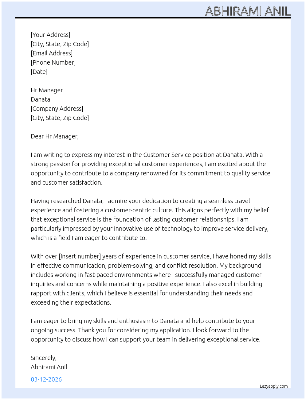 customer service  At Danata Cover Letter