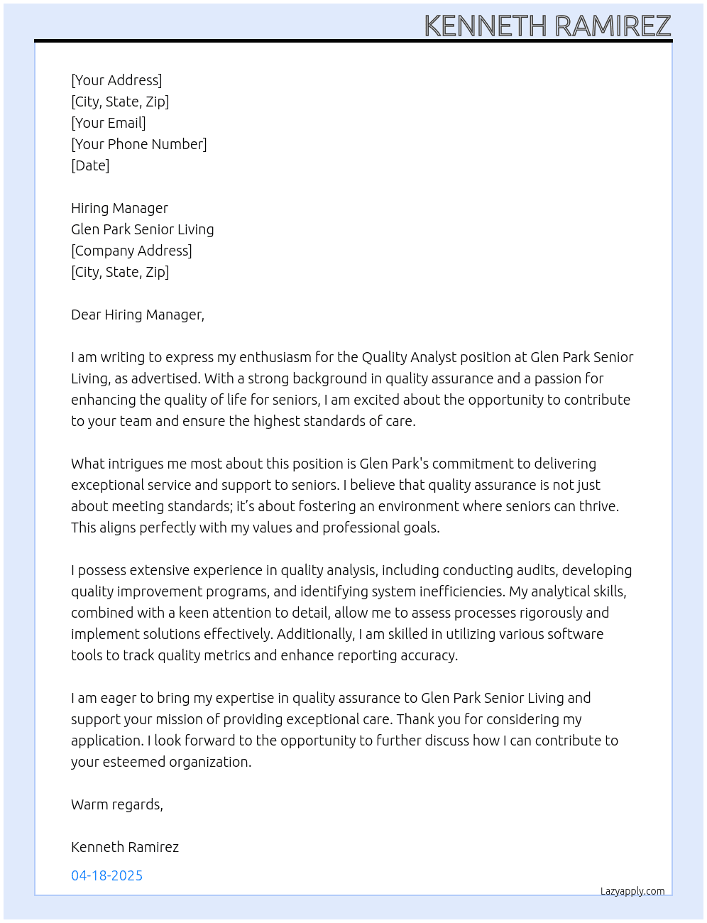Quality Analyst At Glen Park Senior Living Cover Letter