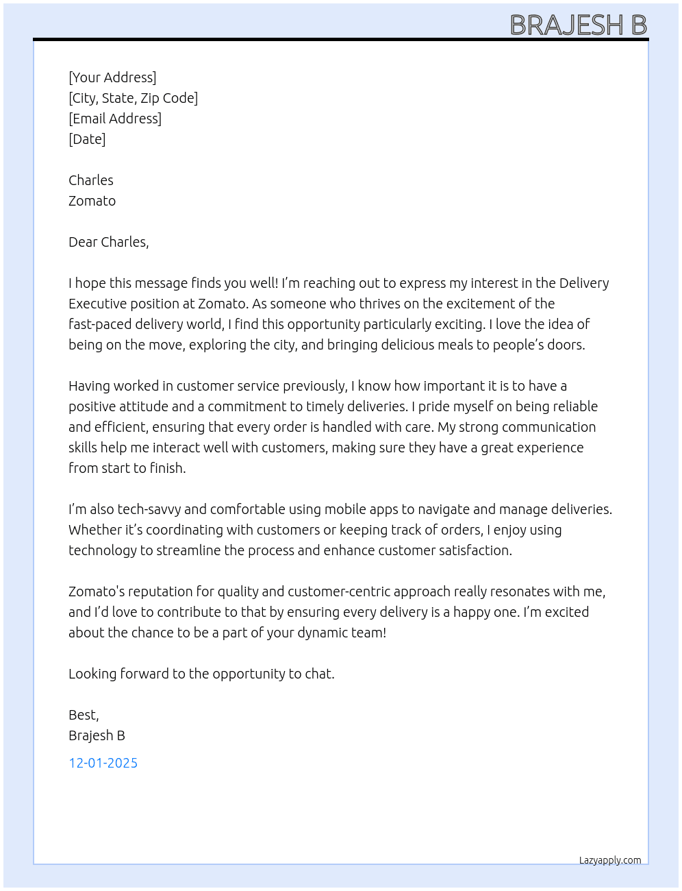 Delivery Executive  At Zomato  Cover Letter
